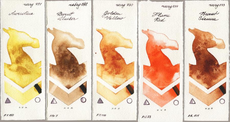 Rosa Gallery 751 Aureoline vs 746 Burnt Umber vs 730 Golden Yellow vs 734 Flame Red vs 733 Burnt Sienna watercolor swatch