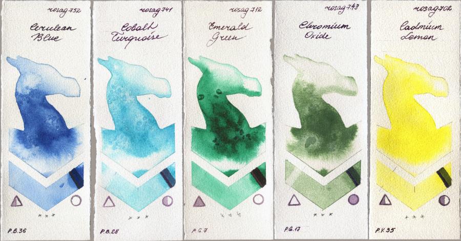 Rosa Gallery 752 Cerulean Blue vs 741 Cobalt Turquoise vs 712 Emerald Green vs 743 Chromium Oxide vs 702 Cadmium Lemon watercolor swatch