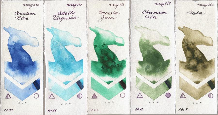 Rosa Gallery 752 Cerulean Blue vs 741 Cobalt Turquoise vs 712 Emerald Green vs 743 Chromium Oxide vs 722 Umber watercolor swatch