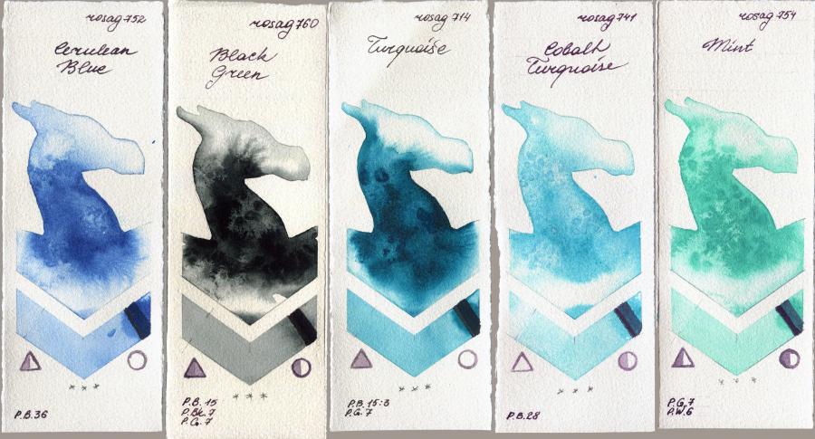 Rosa Gallery 752 Cerulean Blue vs 760 Black Green vs 714 Turquiose vs 741 Cobalt Turquoise vs 754 Mint watercolor swatch