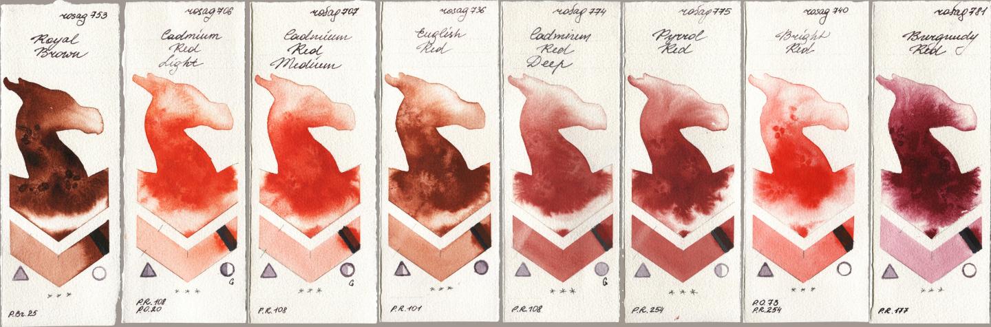 Rosa Gallery 753 Royal Brown, 706 Cadmium Red Light, 707 Cadmium Red Medium, 736 English Red, 774 Cadmium Red Deep, 775 Pyrrole Red, 740 Bright Red, 781 Burgundy R watercolor swatch