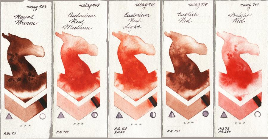 Rosa Gallery 753 Royal Brown vs 707 Cadmium Red Medium vs 706 Cadmium Red Light vs 736 English Red vs 740 Bright Red watercolor swatch