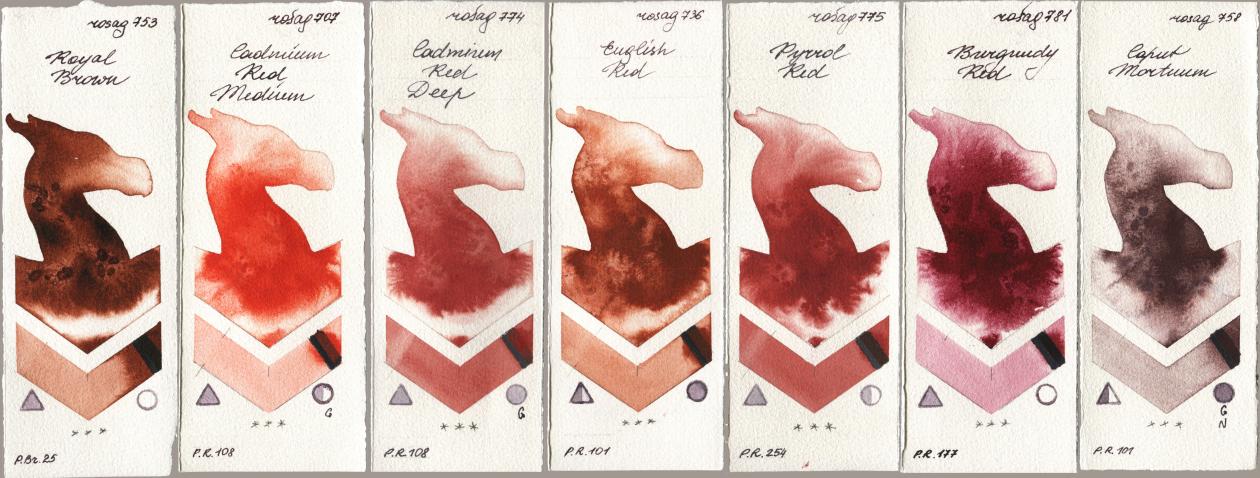 Rosa Gallery 753 Royal Brown, 707 Cadmium Red Medium, 774 Cadmium Red Deep, 736 English Red, 775 Pyrrole Red, 781 Burgundy Red, 758 Caput Mortu watercolor swatch