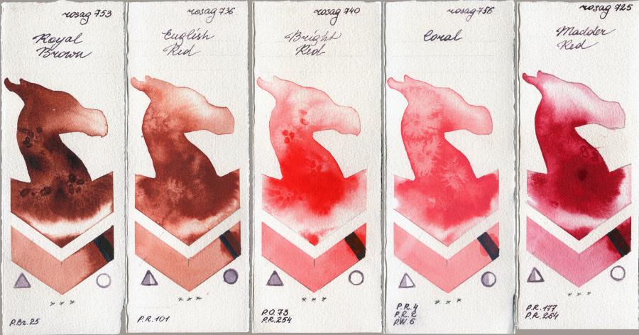 Rosa Gallery 753 Royal Brown vs 736 English Red vs 740 Bright Red vs 756 Coral vs 725 Madder Red watercolor swatch