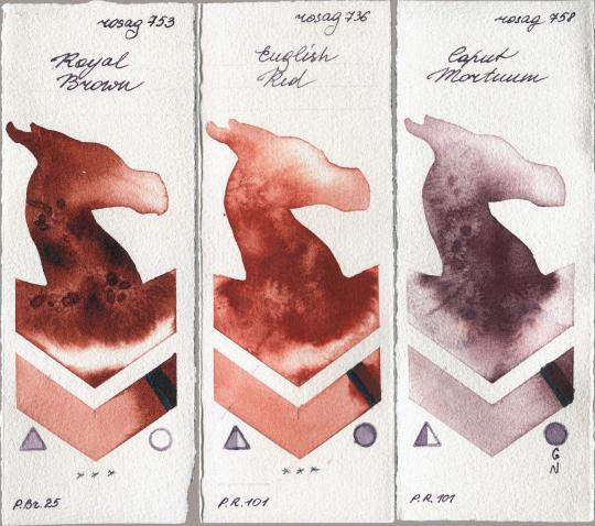 Rosa Gallery 753 Royal Brown vs 736 English Red vs 758 Caput Mortuum watercolor swatch