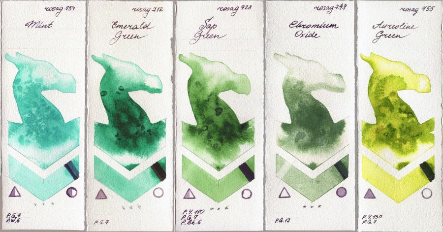 Rosa Gallery 754 Mint vs 712 Emerald Green vs 728 Sap Green vs 743 Chromium Oxide vs 755 Aureoline Green watercolor swatch