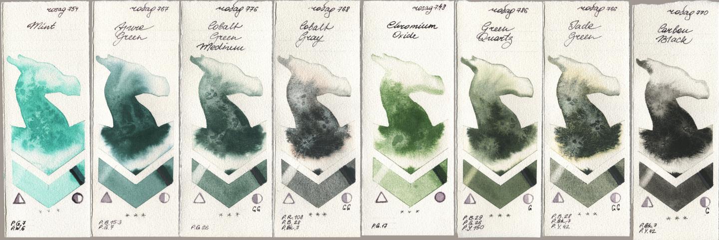 Rosa Gallery 754 Mint, 767 Azure Green, 776 Cobalt Green Medium, 768 Cobalt Gray, 743 Chromium Oxide, 786 Green Quartz, 766 Jade Green, 770 Carbon Bla watercolor swatch