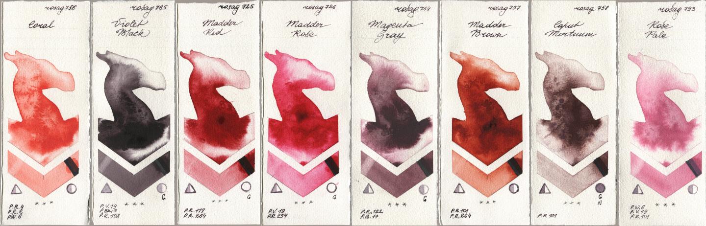 Rosa Gallery 756 Coral, 765 Violet Black, 725 Madder Red, 726 Madder Rose, 764 Magenta Gray, 757 Madder Brown, 758 Caput Mortuum, 793 Rose Pa watercolor swatch