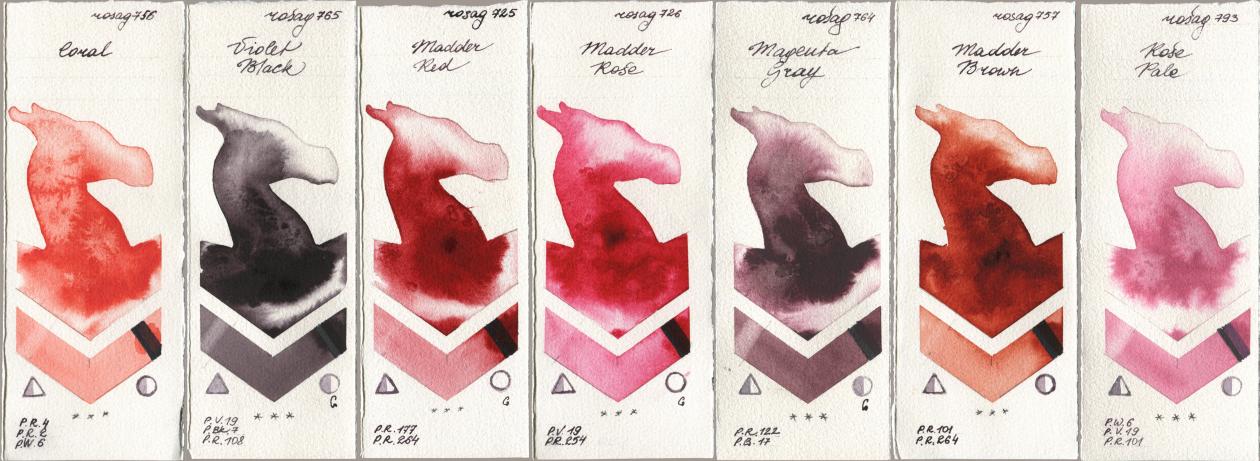 Rosa Gallery 756 Coral, 765 Violet Black, 725 Madder Red, 726 Madder Rose, 764 Magenta Gray, 757 Madder Brown, 793 Rose Pa watercolor swatch