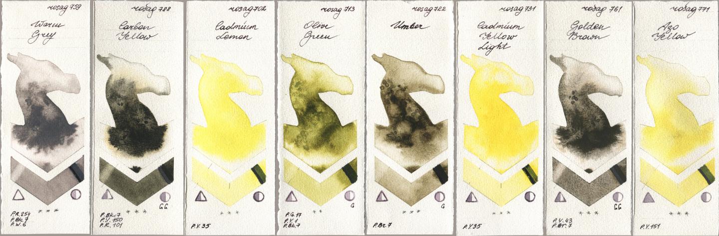 Rosa Gallery 759 Warm Grey, 788 Carbon Yellow, 702 Cadmium Lemon, 713 Olive Green, 722 Umber, 731 Cadmium Yellow Light, 761 Golden Brown, 771 Azo Yell watercolor swatch