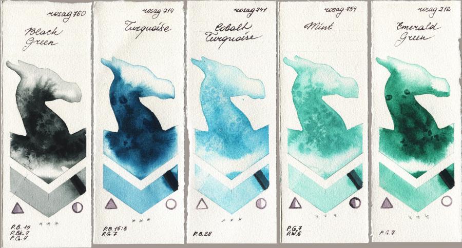 Rosa Gallery 760 Black Green vs 714 Turquiose vs 741 Cobalt Turquoise vs 754 Mint vs 712 Emerald Green watercolor swatch