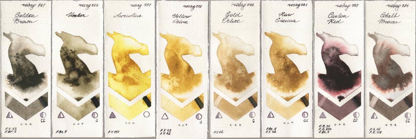 Rosa Gallery 761 Golden Brown, 722 Umber, 751 Aureoline, 719 Yellow Ochre, 772 Gold Ochre, 721 Raw Sienna, 769 Carbon Red, 784 Cobalt Bro watercolor swatch