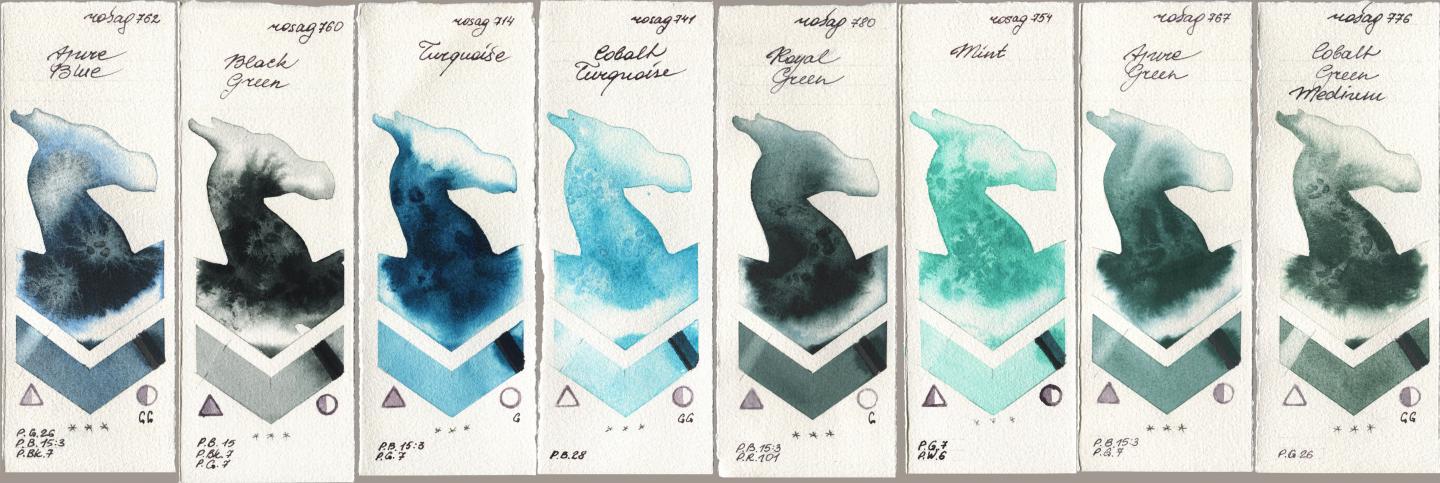 Rosa Gallery 762 Azure Blue, 760 Black Green, 714 Turquoise, 741 Cobalt Turquoise, 780 Royal Green, 754 Mint, 767 Azure Green, 776 Cobalt Green Medi watercolor swatch