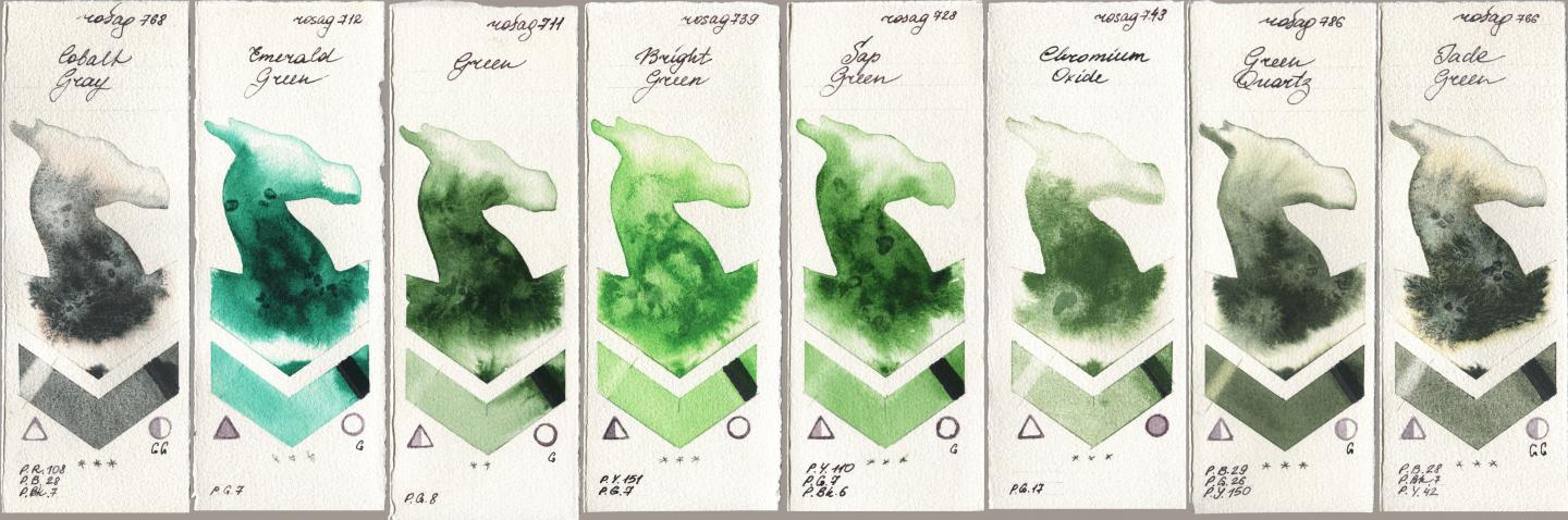 Rosa Gallery 768 Cobalt Gray, 712 Emerald Green, 711 Green, 739 Bright Green, 728 Sap Green, 743 Chromium Oxide, 786 Green Quartz, 766 Jade Gre watercolor swatch