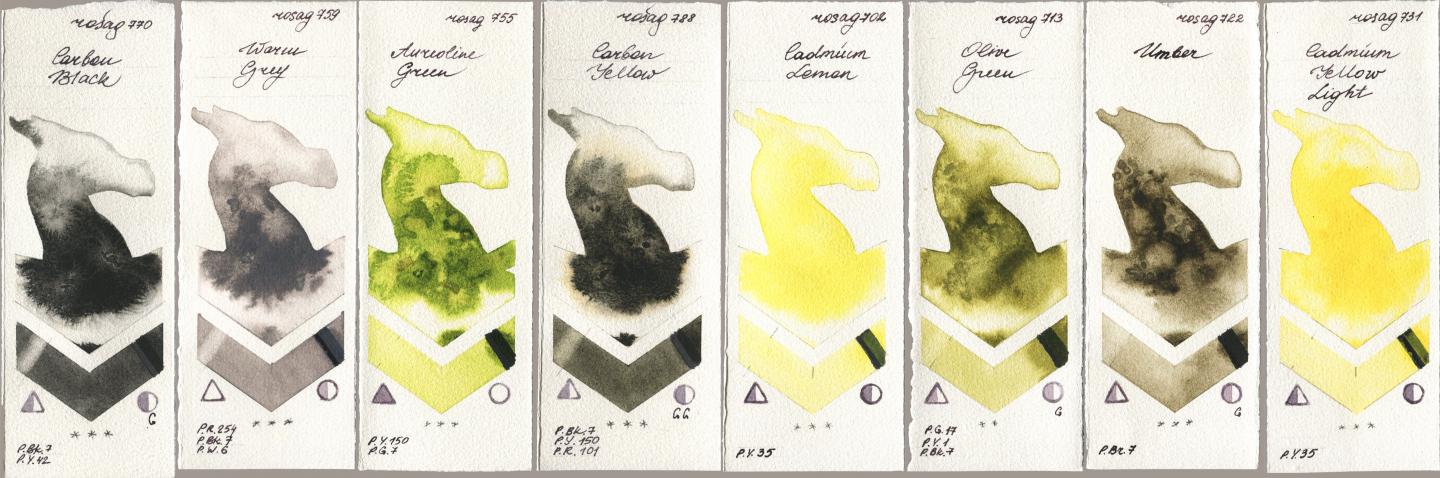 Rosa Gallery 770 Carbon Black, 759 Warm Grey, 755 Aureoline Green, 788 Carbon Yellow, 702 Cadmium Lemon, 713 Olive Green, 722 Umber, 731 Cadmium Yellow Lig watercolor swatch