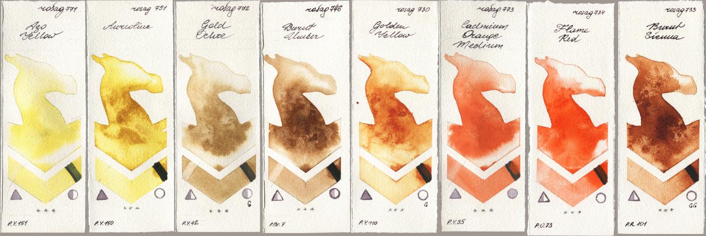 Rosa Gallery 771 Azo Yellow, 751 Aureoline, 772 Gold Ochre, 746 Burnt Umber, 730 Golden Yellow, 773 Cadmium Orange Medium, 734 Flame Red, 733 Burnt Sien watercolor swatch