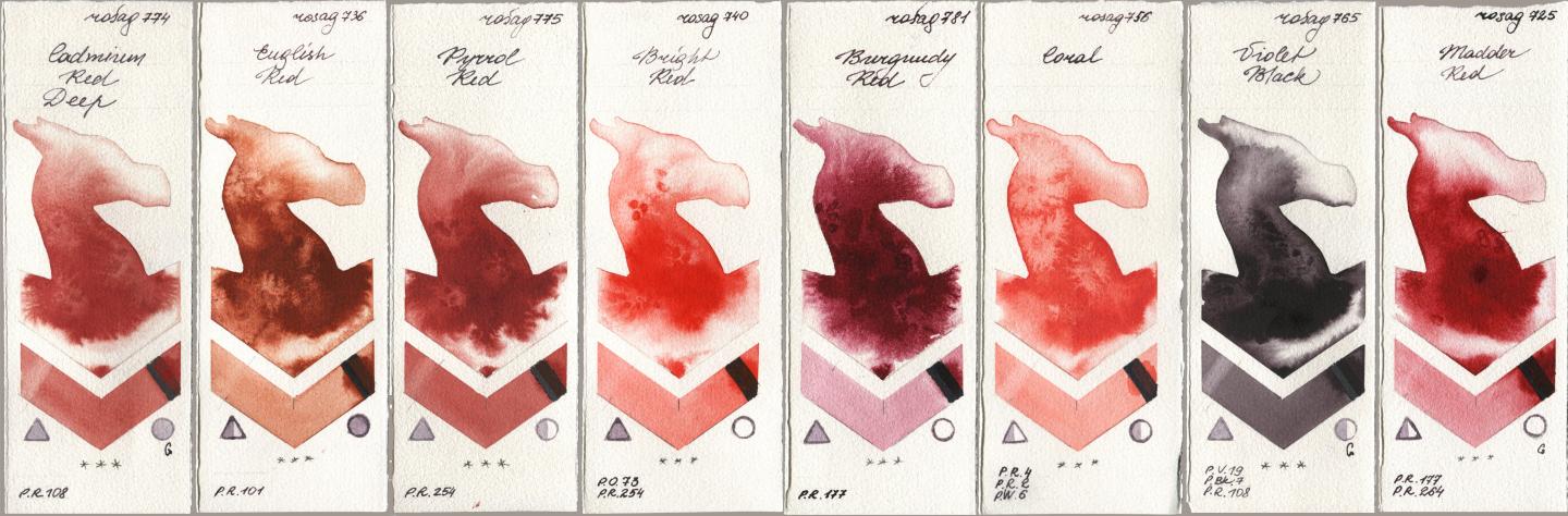 Rosa Gallery 774 Cadmium Red Deep, 736 English Red, 775 Pyrrole Red, 740 Bright Red, 781 Burgundy Red, 756 Coral, 765 Violet Black, 725 Madder R watercolor swatch