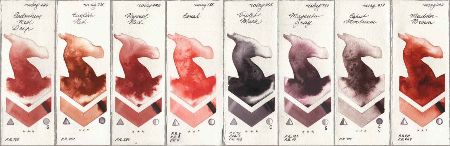 Rosa Gallery 774 Cadmium Red Deep, 736 English Red, 775 Pyrrole Red, 756 Coral, 765 Violet Black, 764 Magenta Gray, 758 Caput Mortuum, 757 Madder Bro watercolor swatch
