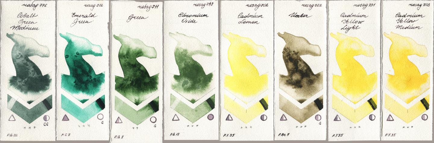 Rosa Gallery 776 Cobalt Green Medium, 712 Emerald Green, 711 Green, 743 Chromium Oxide, 702 Cadmium Lemon, 722 Umber, 731 Cadmium Yellow Light, 703 Cadmium Yellow Medi watercolor swatch