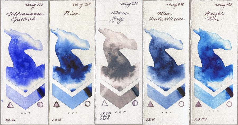 Rosa Gallery 777 Ultramarine Spectral vs 718 Blue vs 759 Warm Grey vs 738 Blue Indanthrone vs 729 Bright Blue watercolor swatch