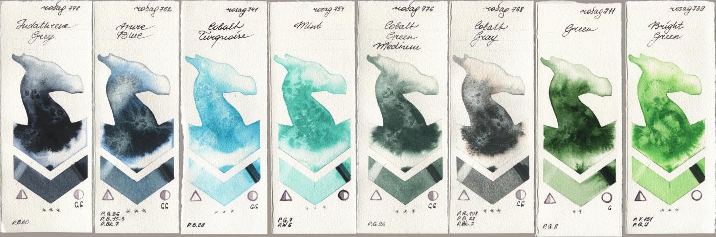 Rosa Gallery 778 Indanthrene Grey, 762 Azure Blue, 741 Cobalt Turquoise, 754 Mint, 776 Cobalt Green Medium, 768 Cobalt Gray, 711 Green, 739 Bright Gre watercolor swatch