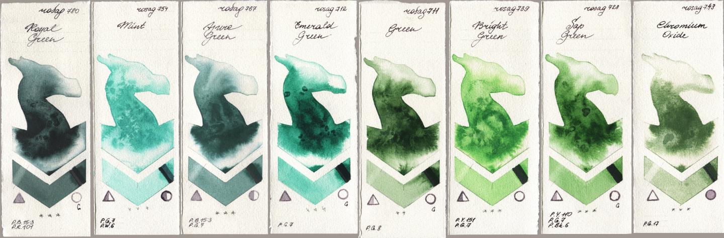 Rosa Gallery 780 Royal Green, 754 Mint, 767 Azure Green, 712 Emerald Green, 711 Green, 739 Bright Green, 728 Sap Green, 743 Chromium Oxi watercolor swatch