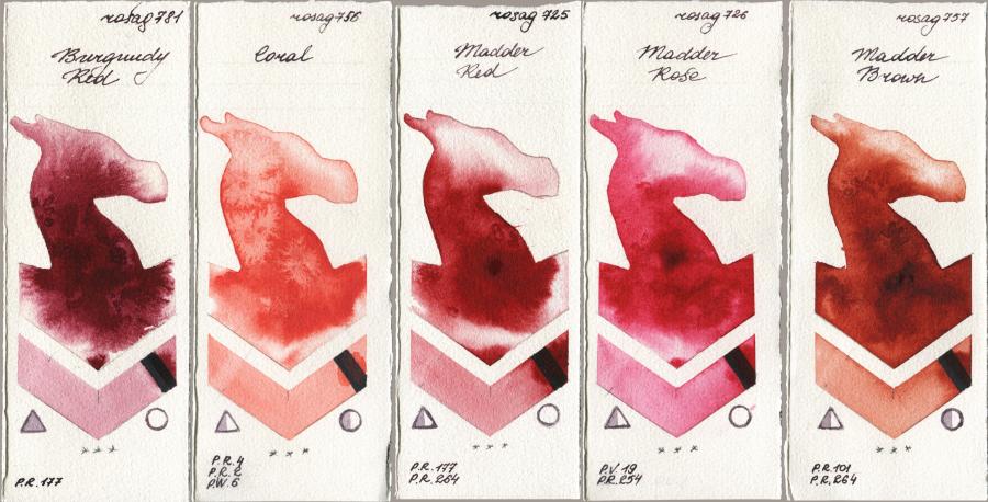 Rosa Gallery 781 Burgundy Red vs 756 Coral vs 725 Madder Red vs 726 Madder Rose vs 757 Madder Brown watercolor swatch