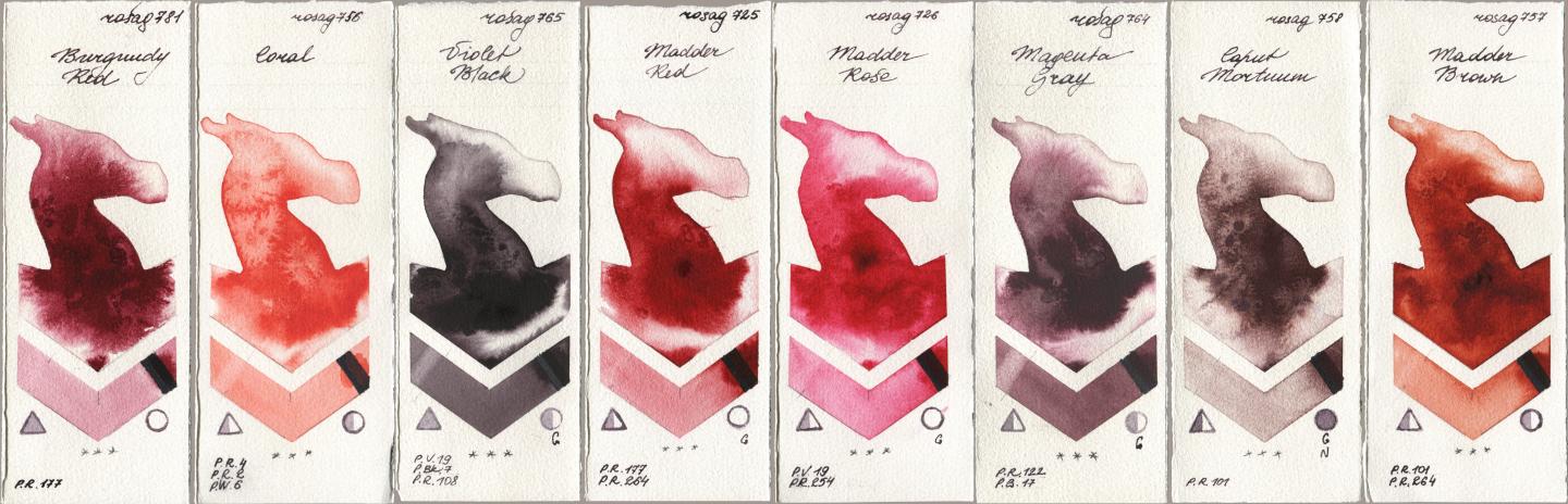 Rosa Gallery 781 Burgundy Red, 756 Coral, 765 Violet Black, 725 Madder Red, 726 Madder Rose, 764 Magenta Gray, 758 Caput Mortuum, 757 Madder Bro watercolor swatch