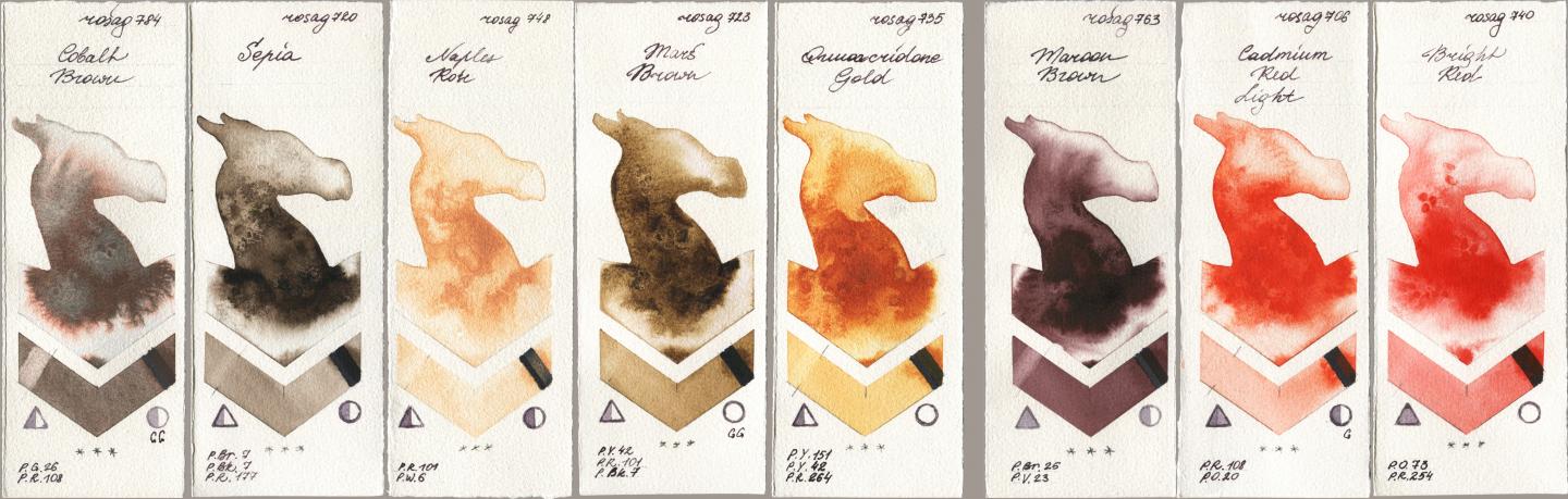 Rosa Gallery 784 Cobalt Brown, 720 Sepia, 748 Naples Rose, 723 Mars Brown, 735 Quinacridone Gold, 763 Maroon Brown, 706 Cadmium Red Light, 740 Bright R watercolor swatch