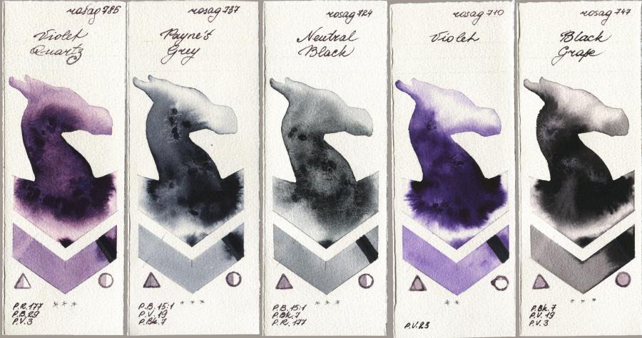 Rosa Gallery 785 Violet Quartz vs 737 Paynes Grey vs 724 Neutral Black vs 710 Violet vs 747 Black Grape watercolor swatch