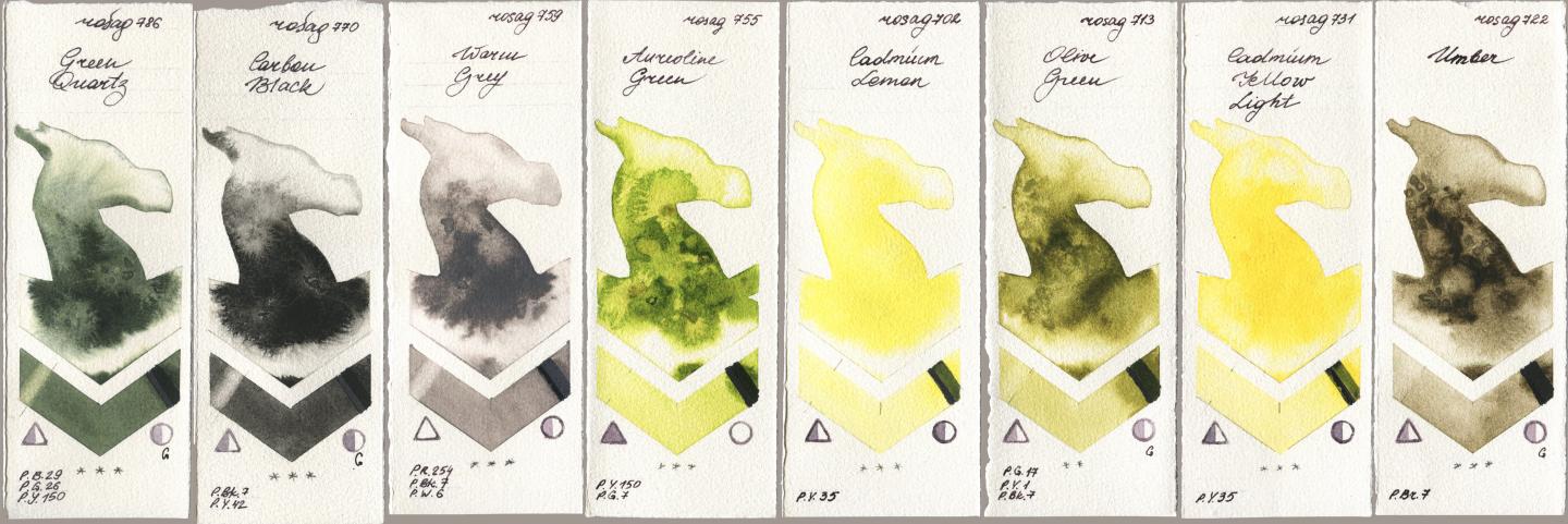 Rosa Gallery 786 Green Quartz, 770 Carbon Black, 759 Warm Grey, 755 Aureoline Green, 702 Cadmium Lemon, 713 Olive Green, 731 Cadmium Yellow Light, 722 Umb watercolor swatch