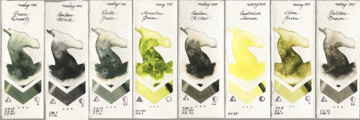 Rosa Gallery 786 Green Quartz, 770 Carbon Black, 766 Jade Green, 755 Aureoline Green, 788 Carbon Yellow, 702 Cadmium Lemon, 713 Olive Green, 761 Golden Bro watercolor swatch