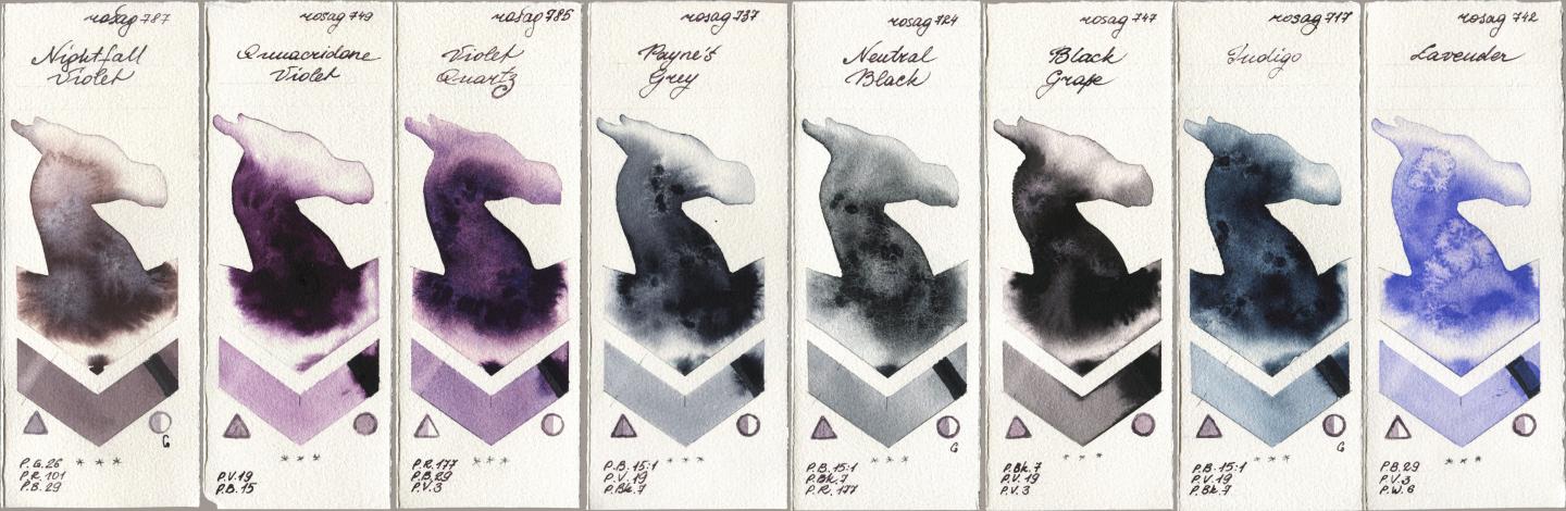 Rosa Gallery 787 Nightfall Violet, 749 Quinacridone Violet, 785 Violet Quartz, 737 Paynes Grey, 724 Neutral Black, 747 Black Grape, 717 Indigo, 742 Lavend watercolor swatch