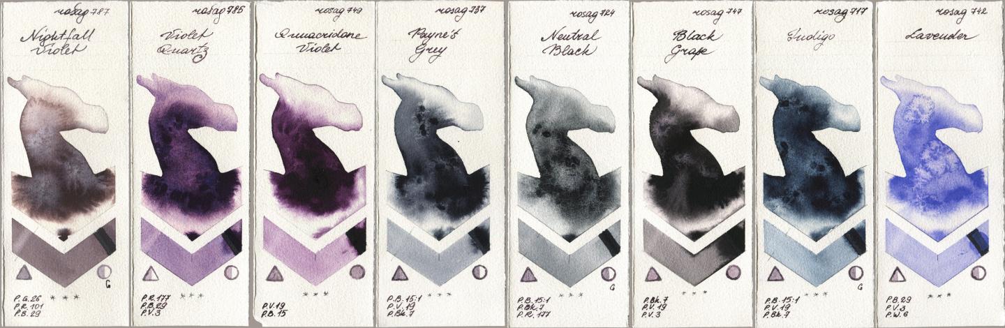 Rosa Gallery 787 Nightfall Violet, 785 Violet Quartz, 749 Quinacridone Violet, 737 Paynes Grey, 724 Neutral Black, 747 Black Grape, 717 Indigo, 742 Lavend watercolor swatch