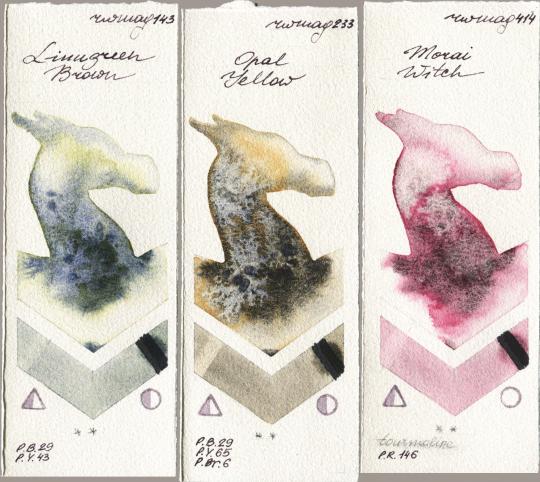 Rockwell 143 Limugreen Brown vs 233 Opal Yellow vs 414 Morai Witch watercolor swatch