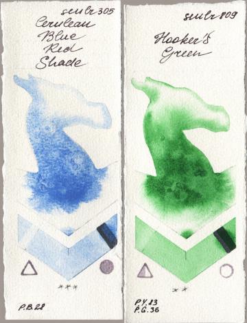 Sennelier l Aquarelle 305 Cerulean Blue Red Shade vs 809 Hookers Green watercolor swatch
