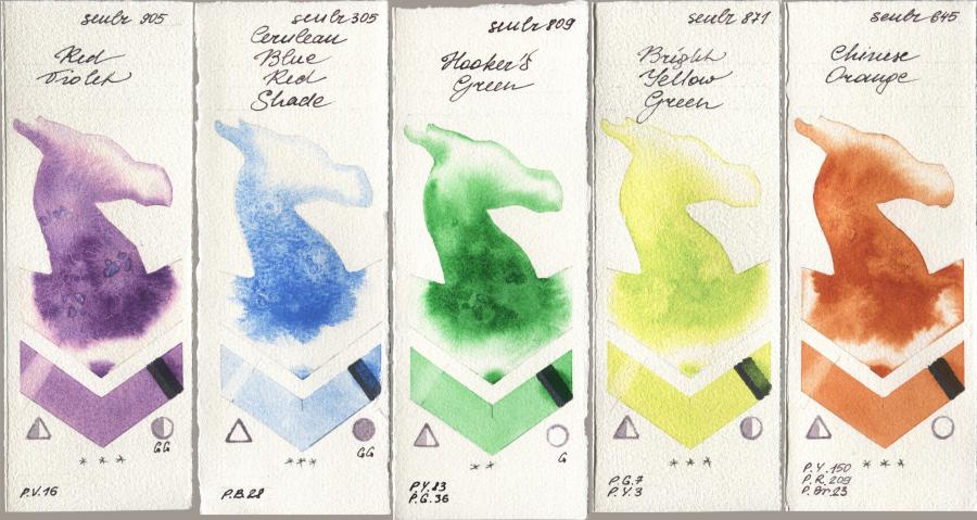 Sennelier l Aquarelle 905 Red Violet, 305 Cerulean Blue Red Shade, 809 Hookers Green, 871 Bright Yellow Green, 645 Chinese Oran watercolor swatch