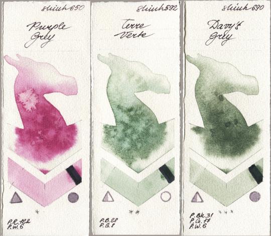 Shinhan PWC 650 Purple Grey vs 592 Terre Verte vs 690 Davys Grey watercolor swatch