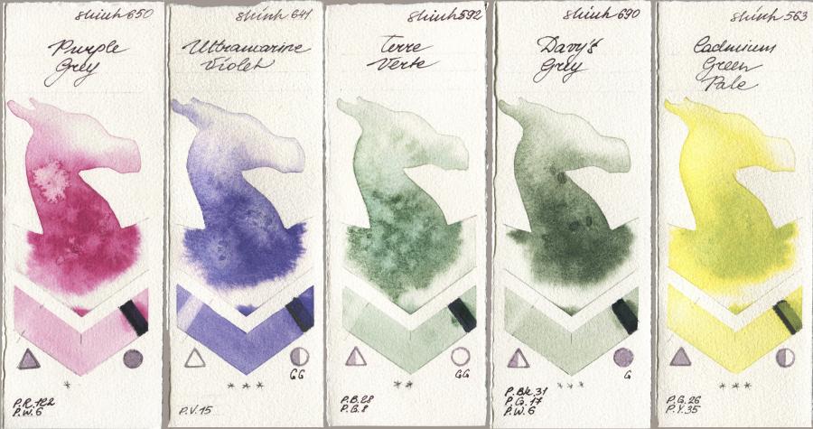 Shinhan PWC 650 Purple Grey, 641 Ultramarine Violet, 592 Terre Verte, 690 Davys Grey, 563 Cadmium Green Pa watercolor swatch