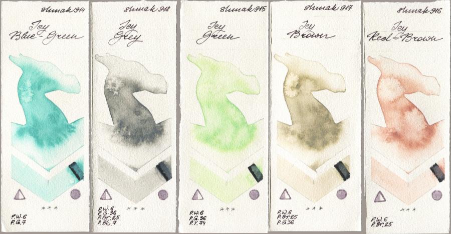 Shminke Akademie Aquarell 914 Icy Blue-Green vs 918 Icy Grey vs 915 Icy Green vs 917 Icy Brown vs 916 Icy Red-Brown watercolor swatch