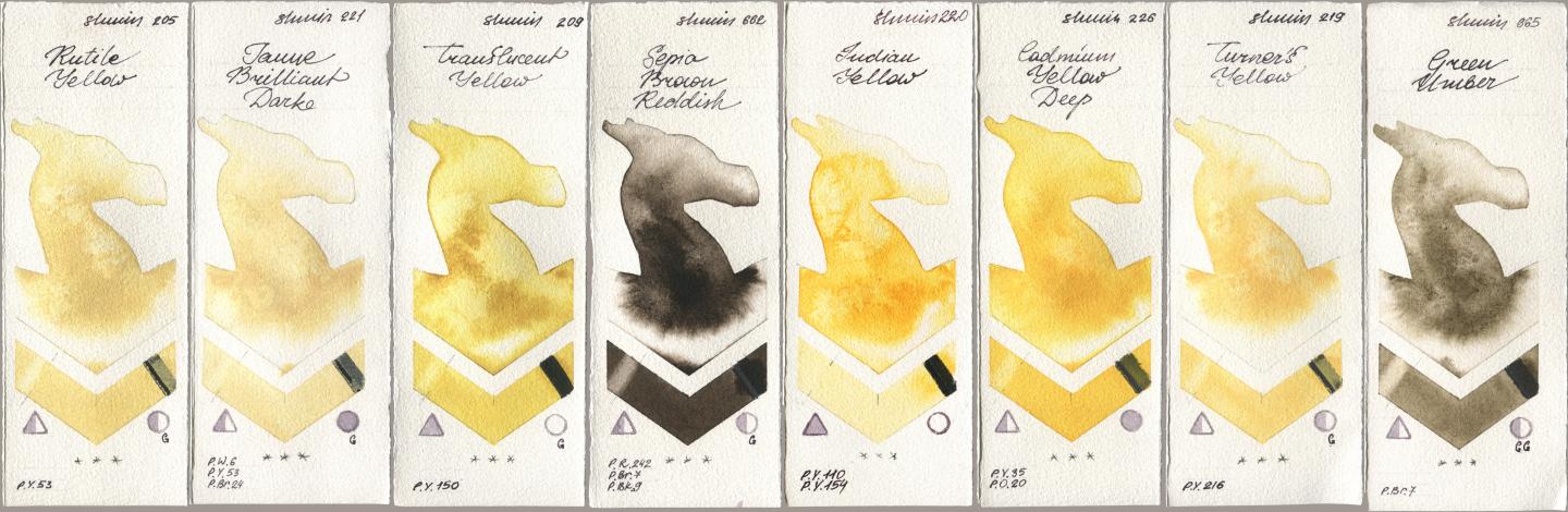 Shminke Horadam Aquarell 205 Rutile Yellow, 221 Brilliant Yellow Dark (Jaune Brilliant Dark), 209 Translucent Yellow, 662 Sepia Brown Reddish, 220 Indian Yellow, 226 Cadmium Yellow Deep, 219 Turner‘s Yellow, 665 Green Umb watercolor swatch