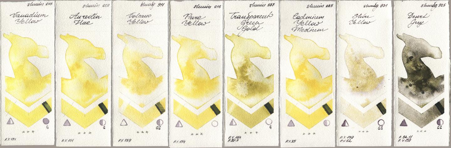 Shminke Horadam Aquarell 207 Vanadium Yellow, 208 Aureolin Hue, 911 Volcano Yellow, 216 Pure Yellow, 537 Transparent Green Gold, 225 Cadmium Yellow Medium, 931 Shire Yellow, 925 Desert Gr watercolor swatch