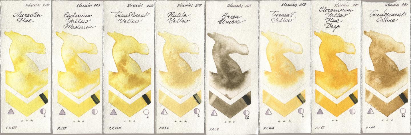 Shminke Horadam Aquarell 208 Aureolin Hue, 225 Cadmium Yellow Medium, 209 Translucent Yellow, 205 Rutile Yellow, 665 Green Umber, 219 Turner‘s Yellow, 213 Chrome Yellow Deep LF (Chromium Yellow Hue Deep), 657 Transparent Och watercolor swatch
