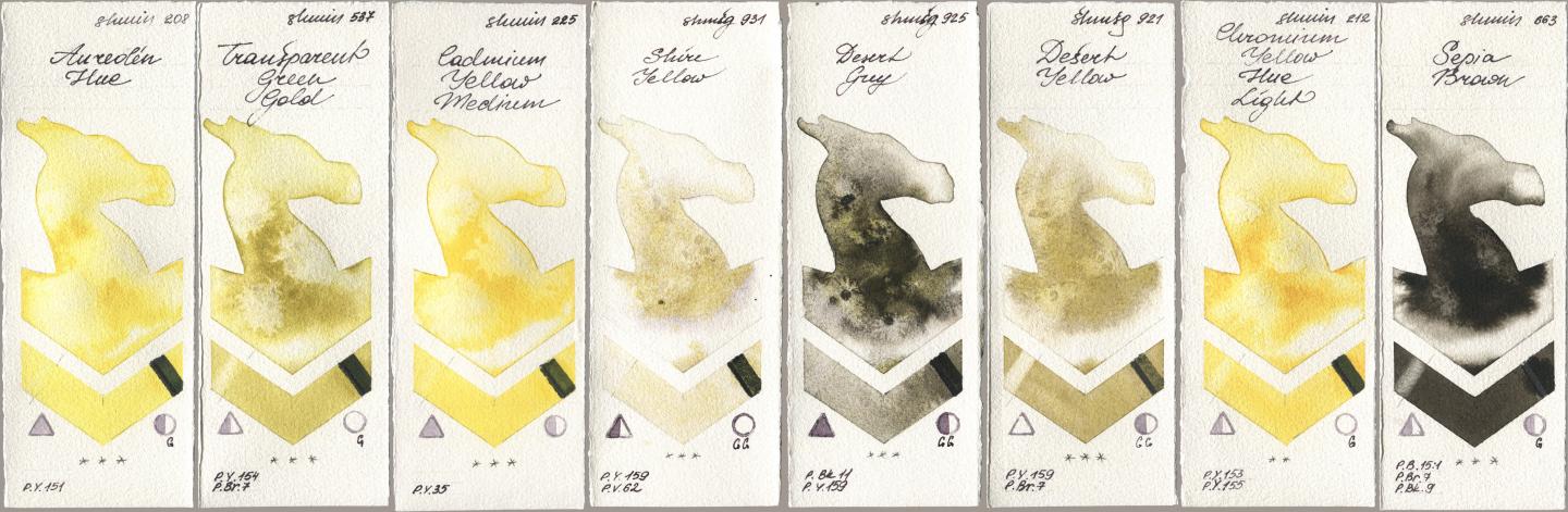 Shminke Horadam Aquarell 208 Aureolin Hue, 537 Transparent Green Gold, 225 Cadmium Yellow Medium, 931 Shire Yellow, 925 Desert Grey, 921 Desert Yellow, 212 Chromium Yellow Hue Light, 663 Sepia Bro watercolor swatch