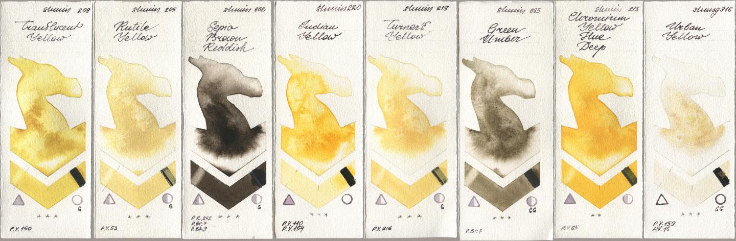 Shminke Horadam Aquarell 209 Translucent Yellow, 205 Rutile Yellow, 662 Sepia Brown Reddish, 220 Indian Yellow, 219 Turner‘s Yellow, 665 Green Umber, 213 Chrome Yellow Deep LF (Chromium Yellow Hue Deep), 916 Urban Yell watercolor swatch