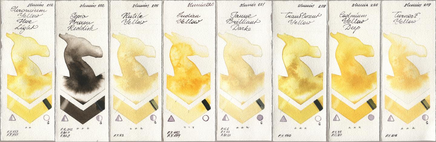 Shminke Horadam Aquarell 212 Chromium Yellow Hue Light, 662 Sepia Brown Reddish, 205 Rutile Yellow, 220 Indian Yellow, 221 Brilliant Yellow Dark (Jaune Brilliant Dark), 209 Translucent Yellow, 226 Cadmium Yellow Deep, 219 Turner‘s Yell watercolor swatch