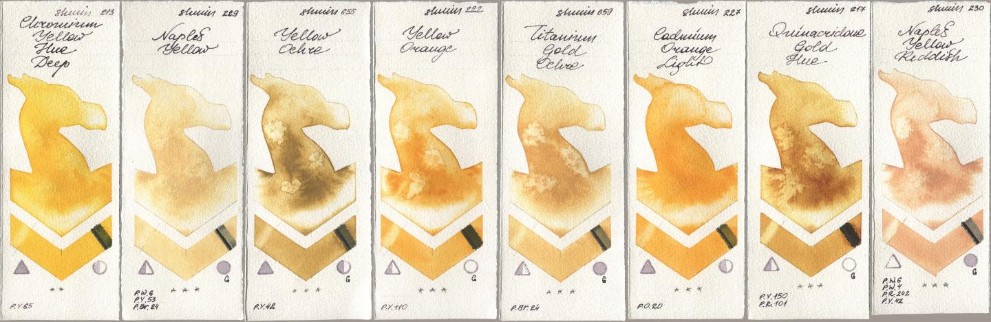 Shminke Horadam Aquarell 213 Chrome Yellow Deep LF (Chromium Yellow Hue Deep), 229 Naples Yellow, 655 Yellow Ochre, 222 Yellow Orange, 659 Titanium Gold Ochre, 227 Cadmium Orange Light, 217 Quinacridone Gold Hue, 230 Naples Yellow Reddi watercolor swatch