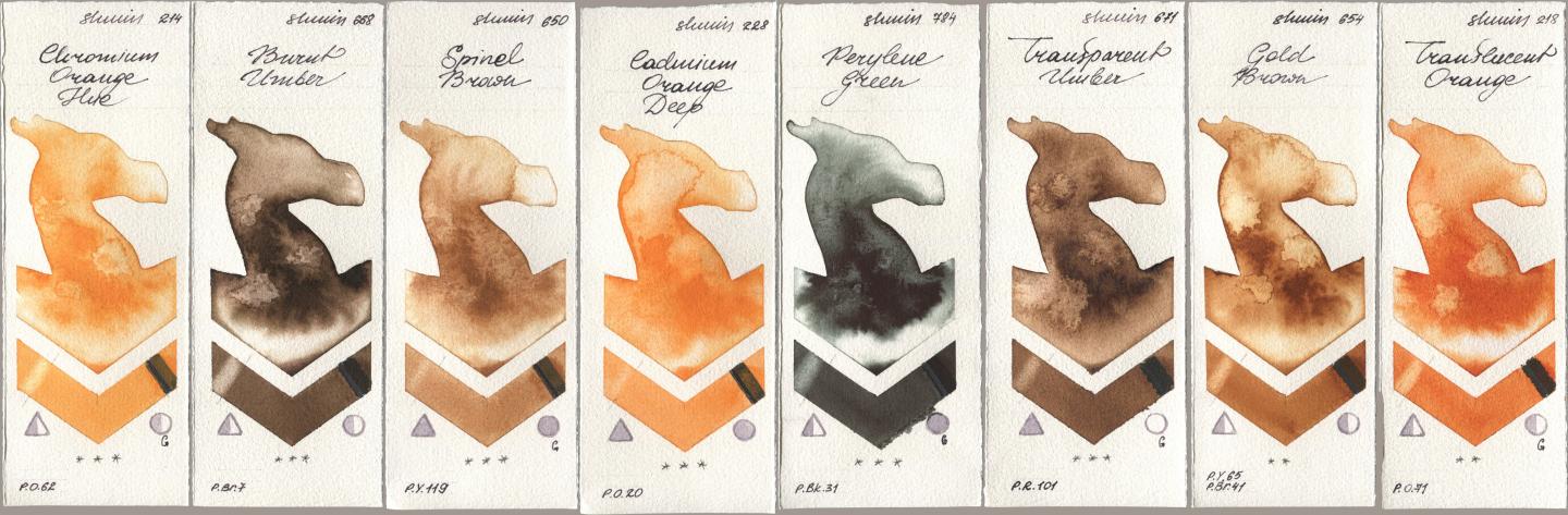 Shminke Horadam Aquarell 214 Chrome Organge LF (Chromium Orange Hue), 668 Burnt Umber, 650 Spinel Brown, 228 Cadmium Orange Deep, 784 Perylene Green, 671 Transparent Umber, 654 Gold Brown, 218 Translucent Orange / Transparent Oran watercolor swatch