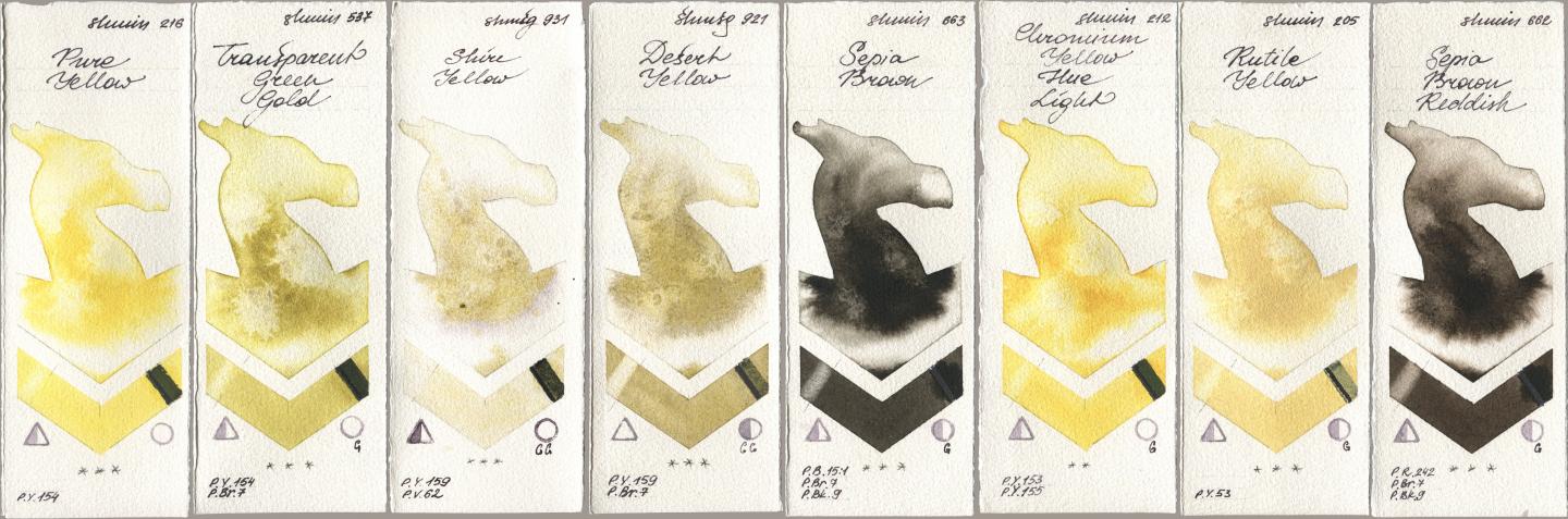 Shminke Horadam Aquarell 216 Pure Yellow, 537 Transparent Green Gold, 931 Shire Yellow, 921 Desert Yellow, 663 Sepia Brown, 212 Chromium Yellow Hue Light, 205 Rutile Yellow, 662 Sepia Brown Reddi watercolor swatch