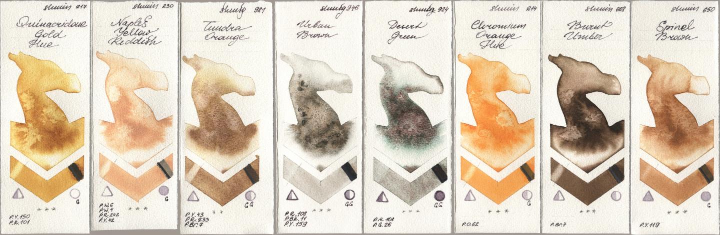 Shminke Horadam Aquarell 217 Quinacridone Gold Hue, 230 Naples Yellow Reddish, 981 Tundra Orange, 946 Urban Brown, 924 Desert Green, 214 Chrome Organge LF (Chromium Orange Hue), 668 Burnt Umber, 650 Spinel Bro watercolor swatch